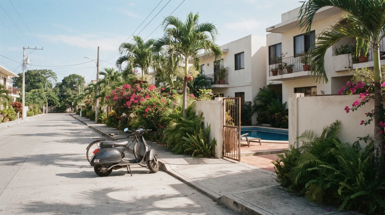 Paved street with condominium blocks and palms in Aldea Zamá, Tulum Mexico