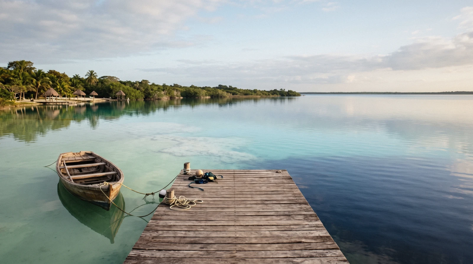 Bands of turquoise and deep blue water across the Lagoon of Seven Colours at Bacalar, Mexico