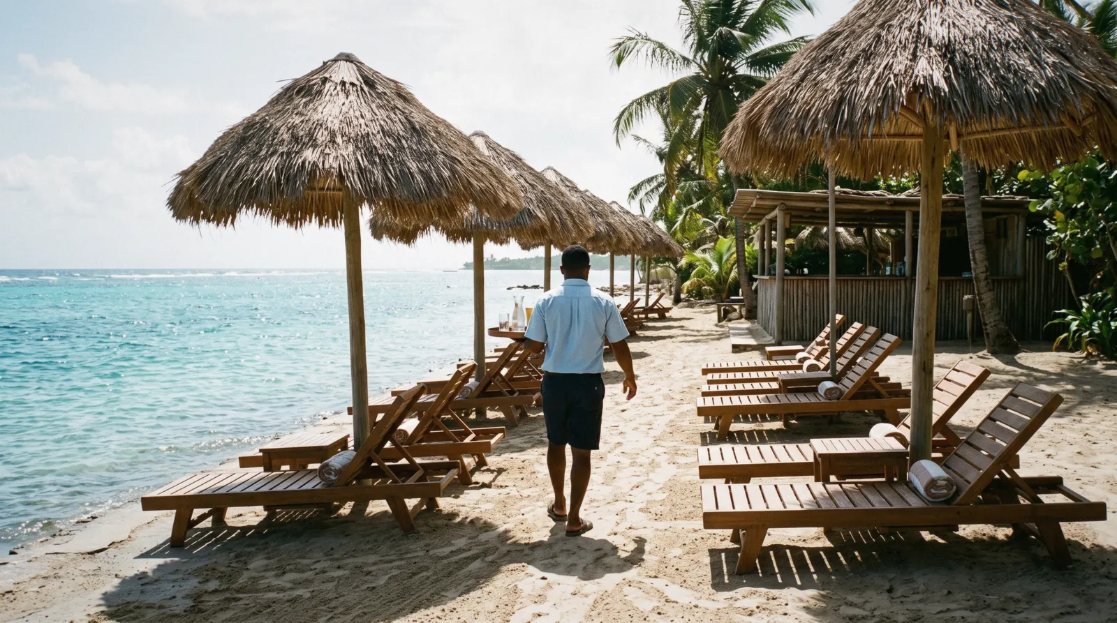 Sunbeds under thatched parasols on the sand at a Tulum beach club, Tulum Mexico