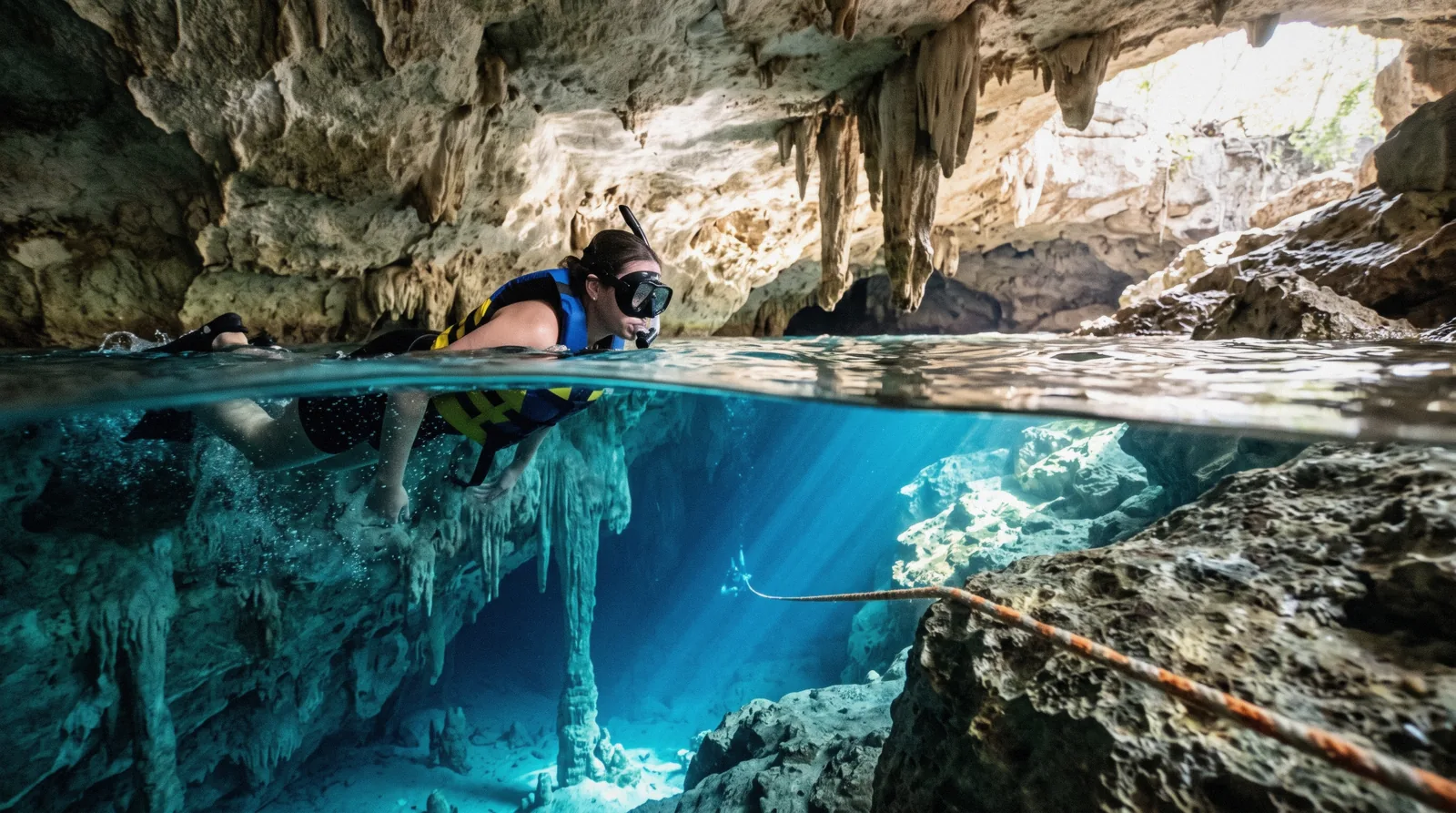 Snorkeller above the lit cavern passage between the two openings of Cenote Dos Ojos near Tulum, Tulum Mexico