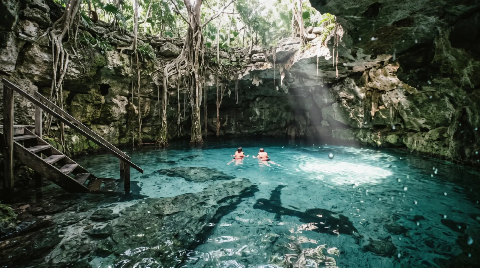 Light falling through the roof opening into the clear water of a cenote near Tulum, Tulum Mexico