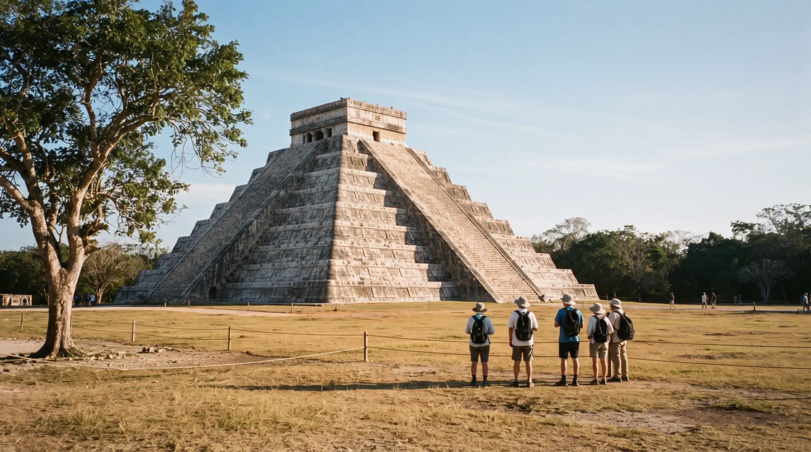 El Castillo, the pyramid of Kukulkán, on the grass plaza at Chichén Itzá, a day trip from Tulum, Mexico