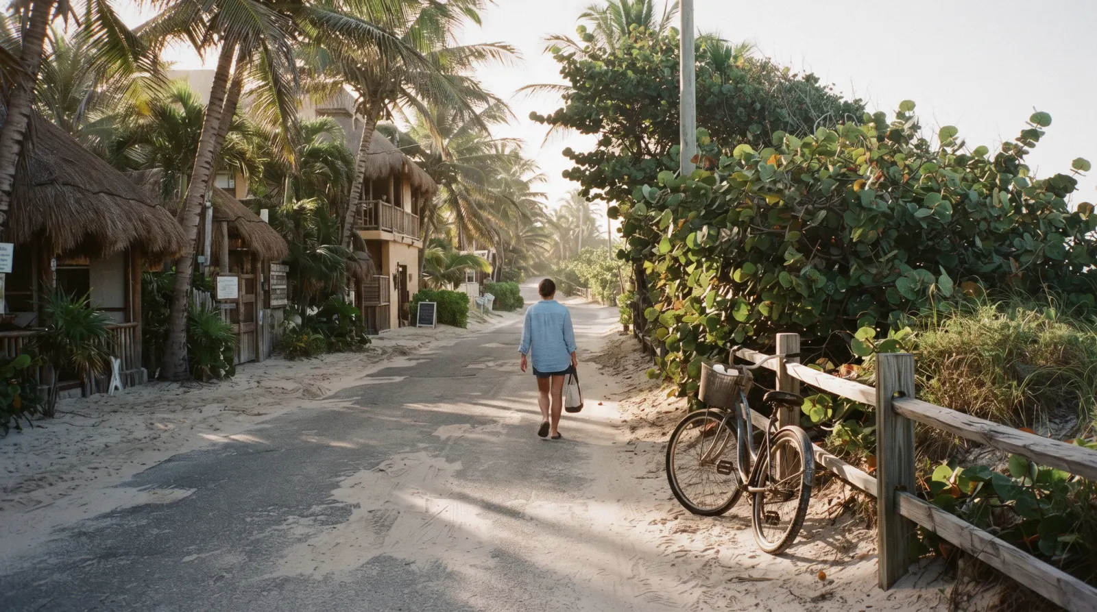 Palm-lined beach road with low thatched hotels behind the dune in the Tulum hotel zone, Tulum Mexico