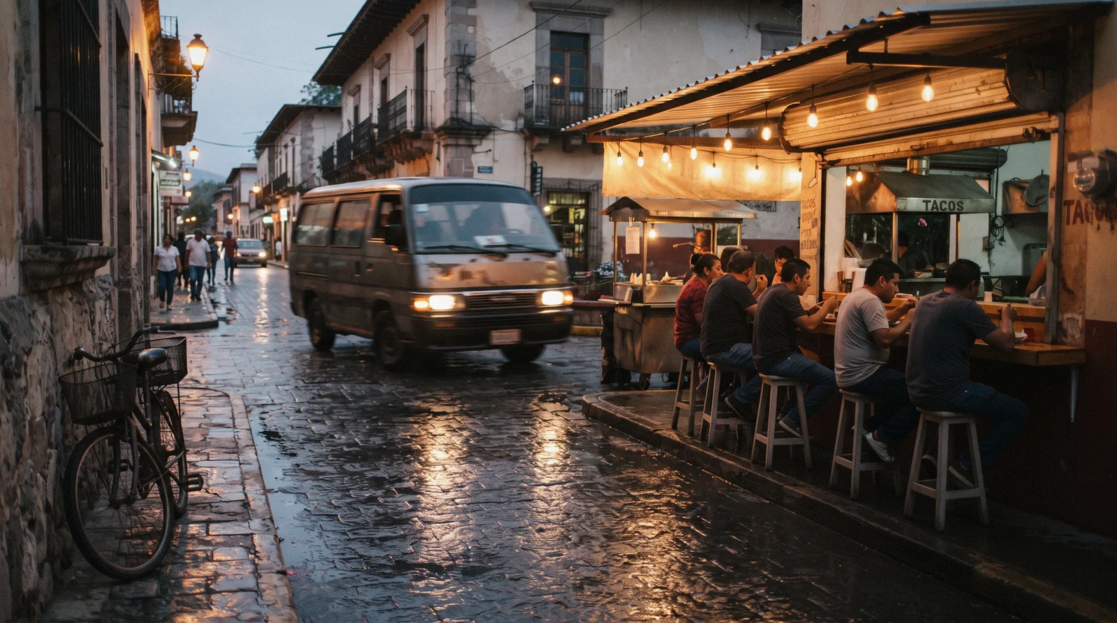 Quiet lit street in Tulum town at dusk with cyclists and taco stands, Tulum Mexico