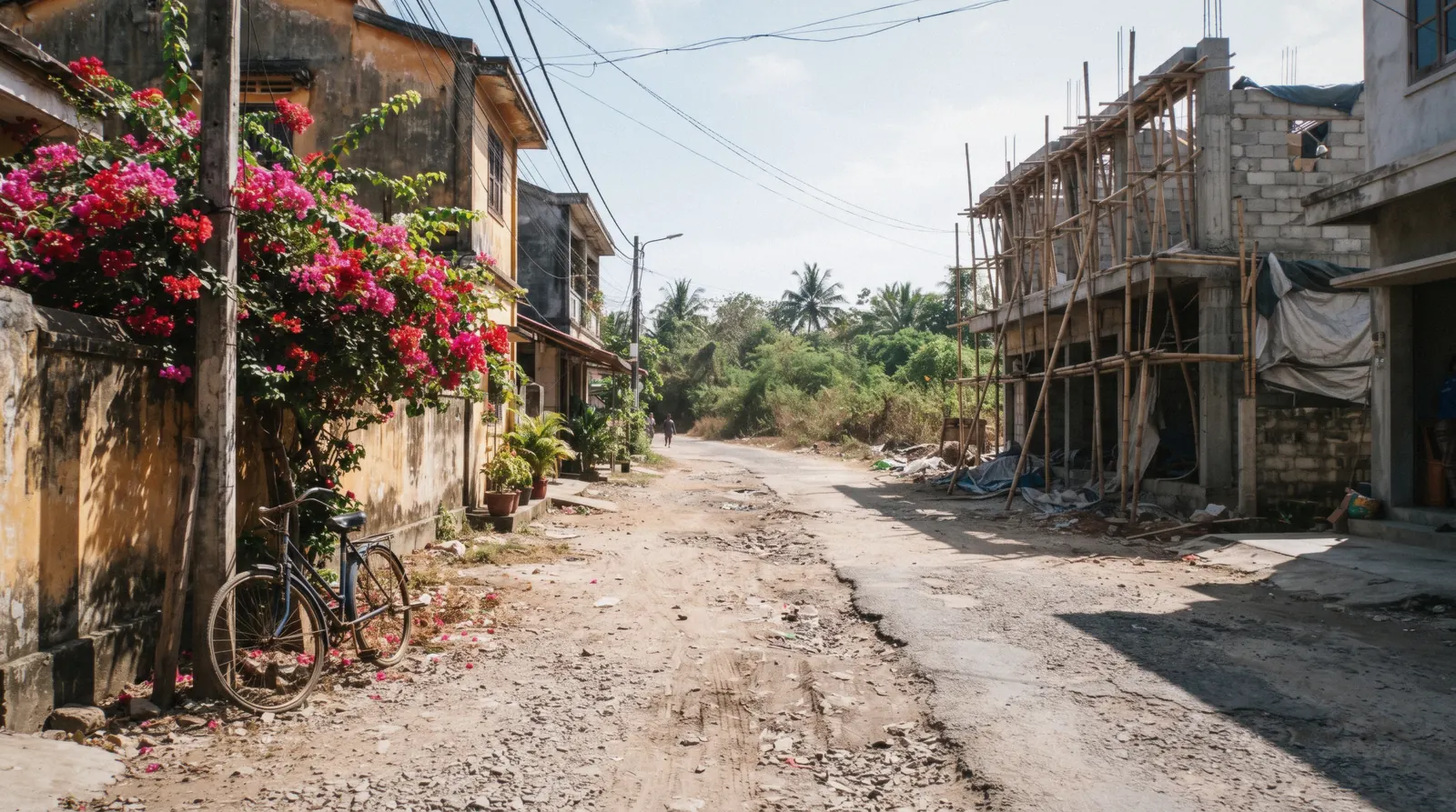 Low buildings and a partly unpaved street with bougainvillea in La Veleta, Tulum Mexico