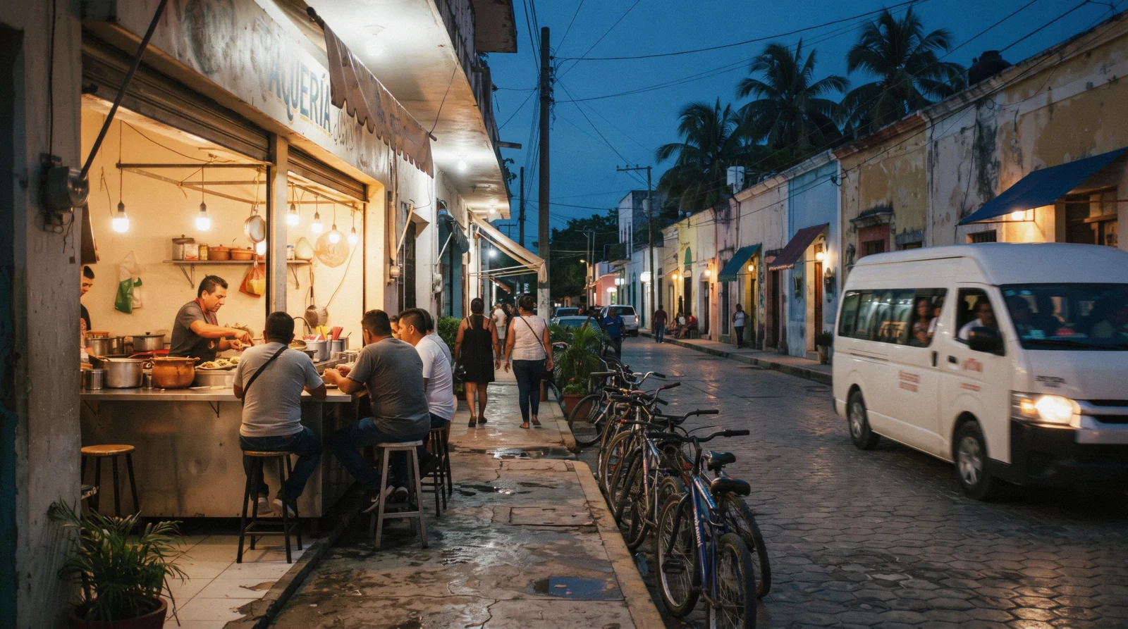 Evening on Avenida Tulum with taco stands and bicycles in Tulum pueblo, Tulum Mexico