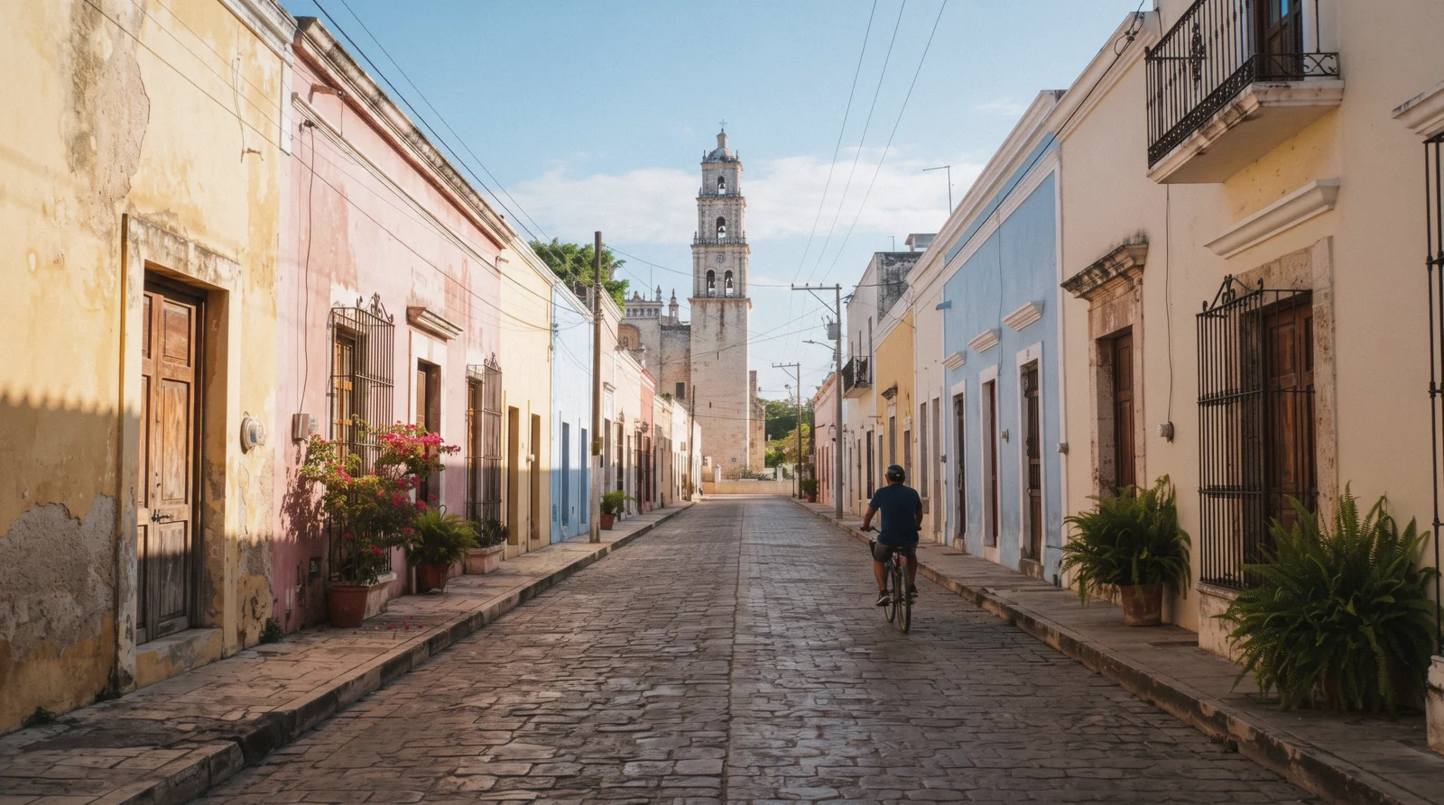 Pastel colonial street leading to the convent on the Calzada de los Frailes in Valladolid, Yucatán, Mexico