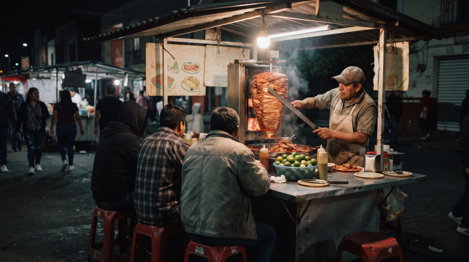 Cook slicing from a vertical spit at a street taquería among Tulum restaurants at night, Tulum Mexico